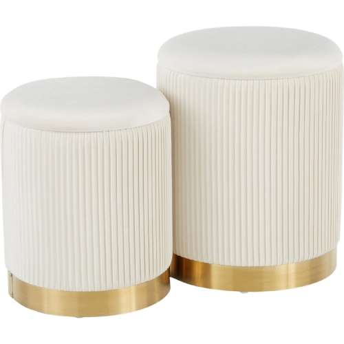 Marla Nesting Pleated Ottoman Set in Cream Velvet & Gold Metal